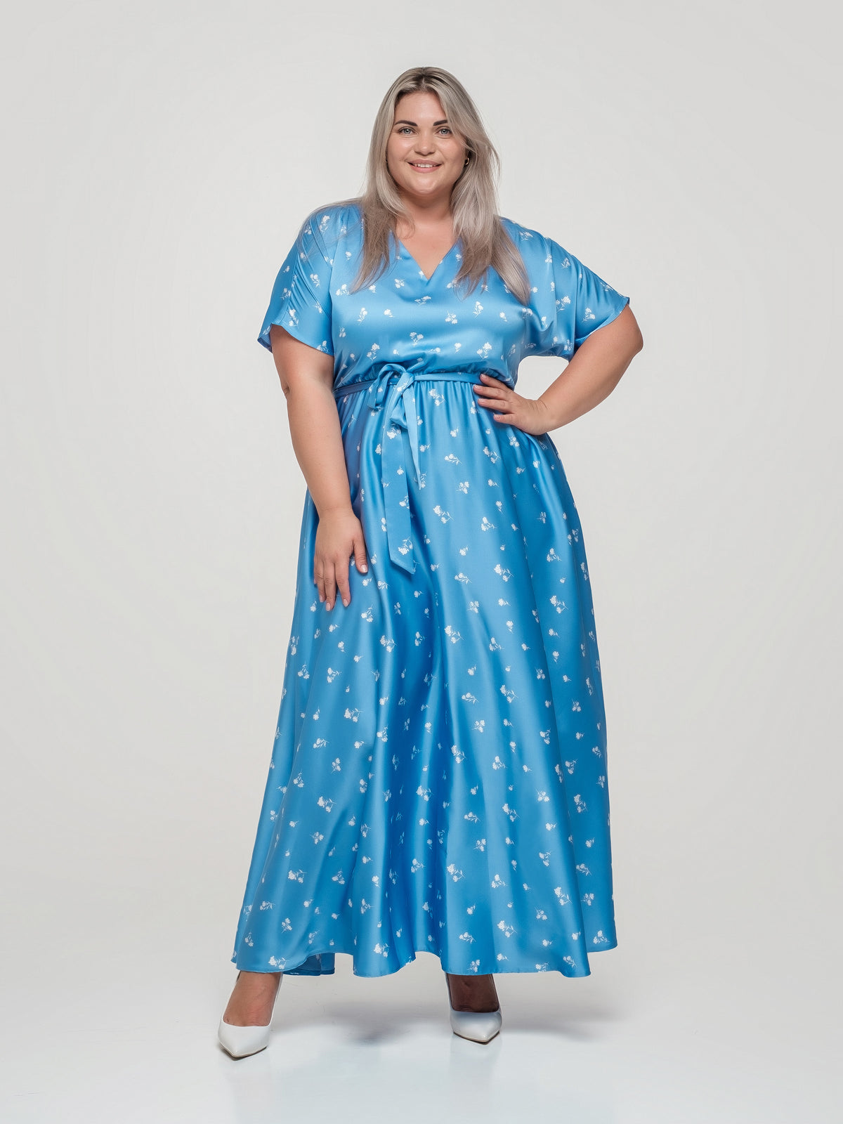 Blue satin floral maxi dress