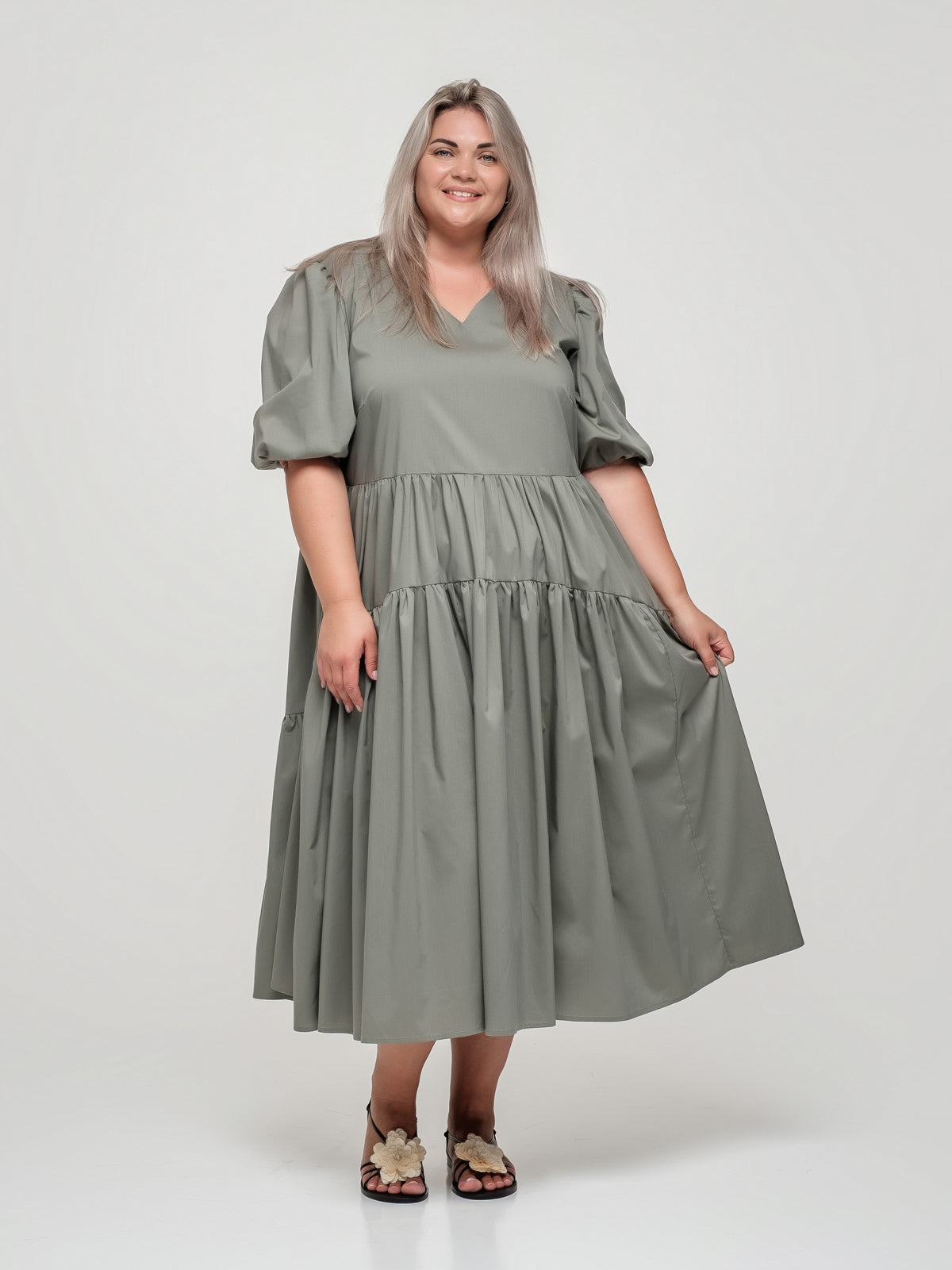 Sage Green Puff Sleeve Midi Dress