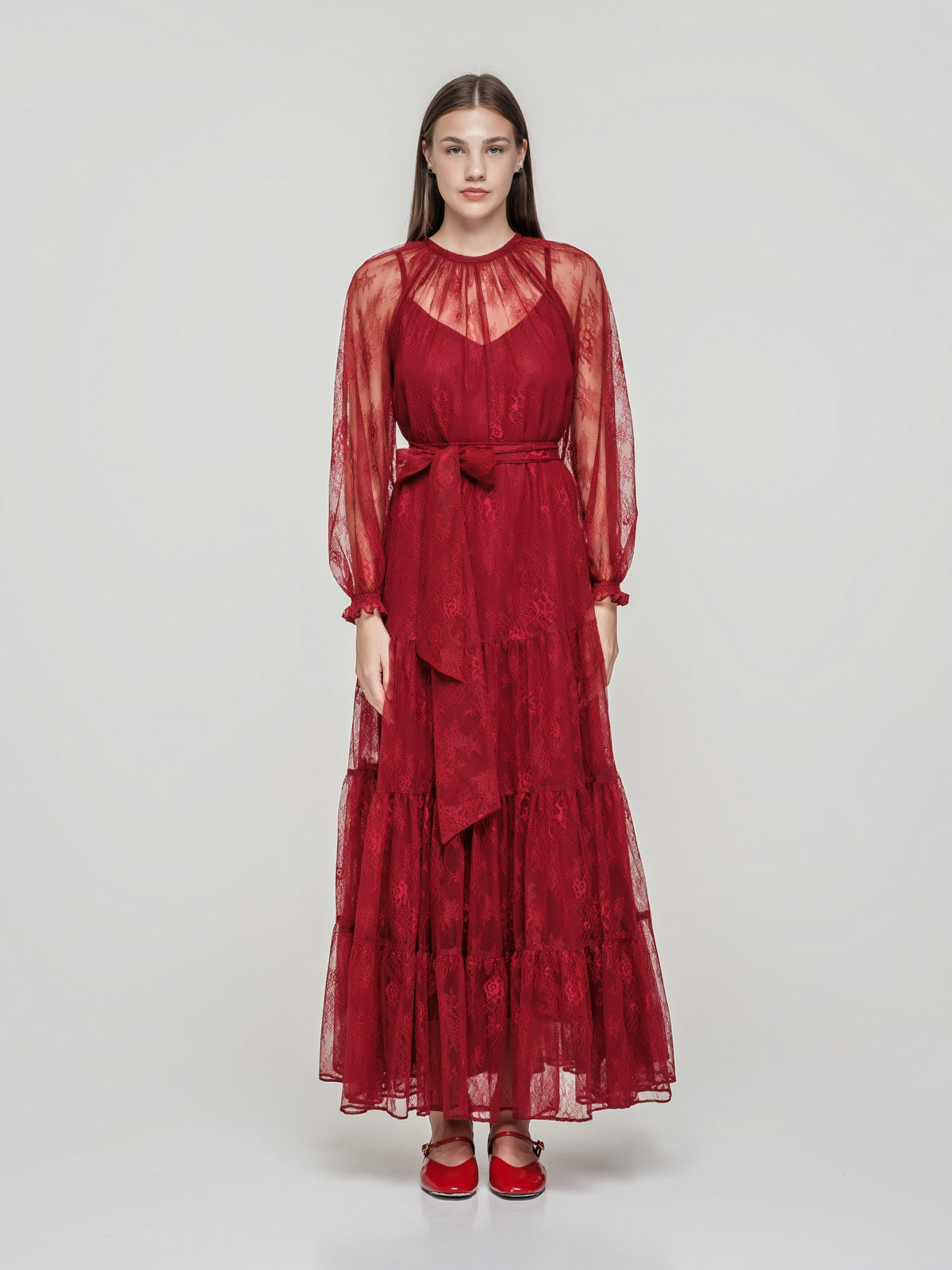 Red lace maxi dress