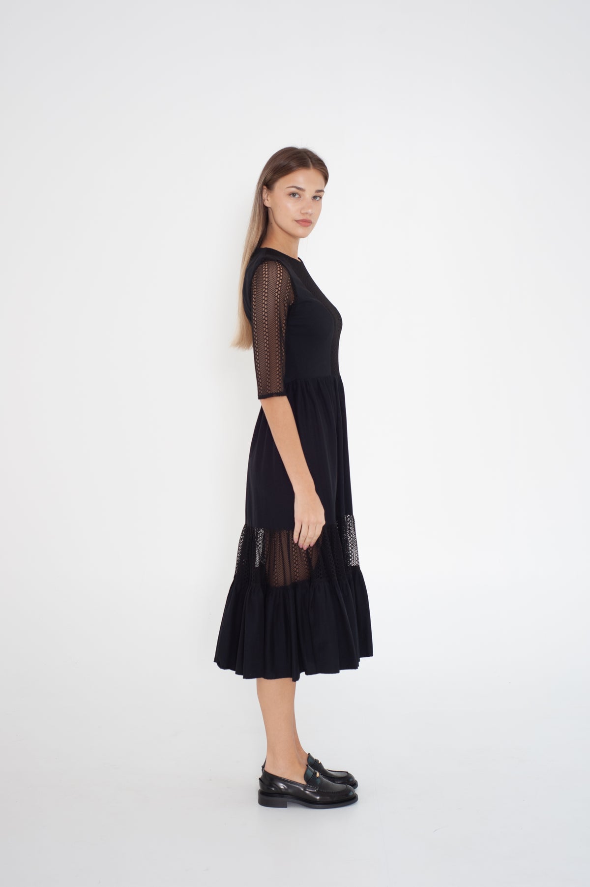 Black midi cotton dress with lace elements