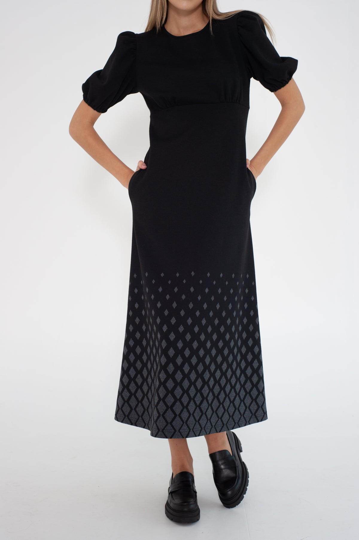 Black dress with grey diamond print on the bottom