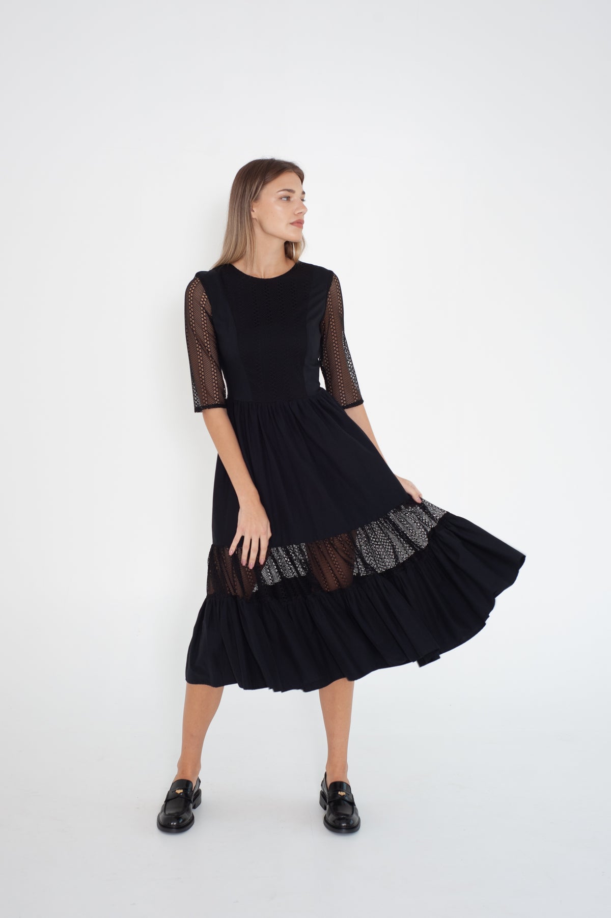 Black midi cotton dress with lace elements