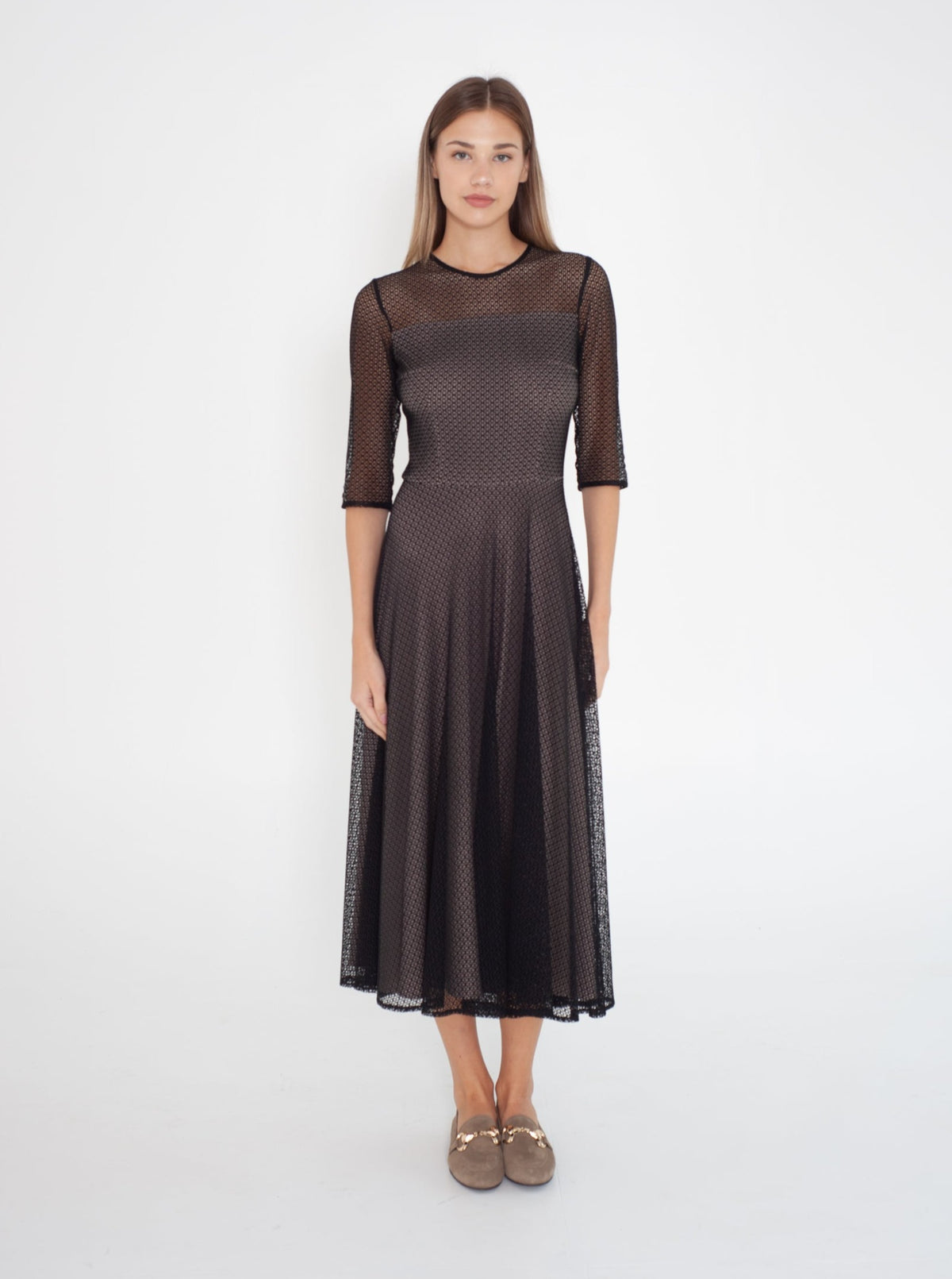 Black midi lace dress with beige lining