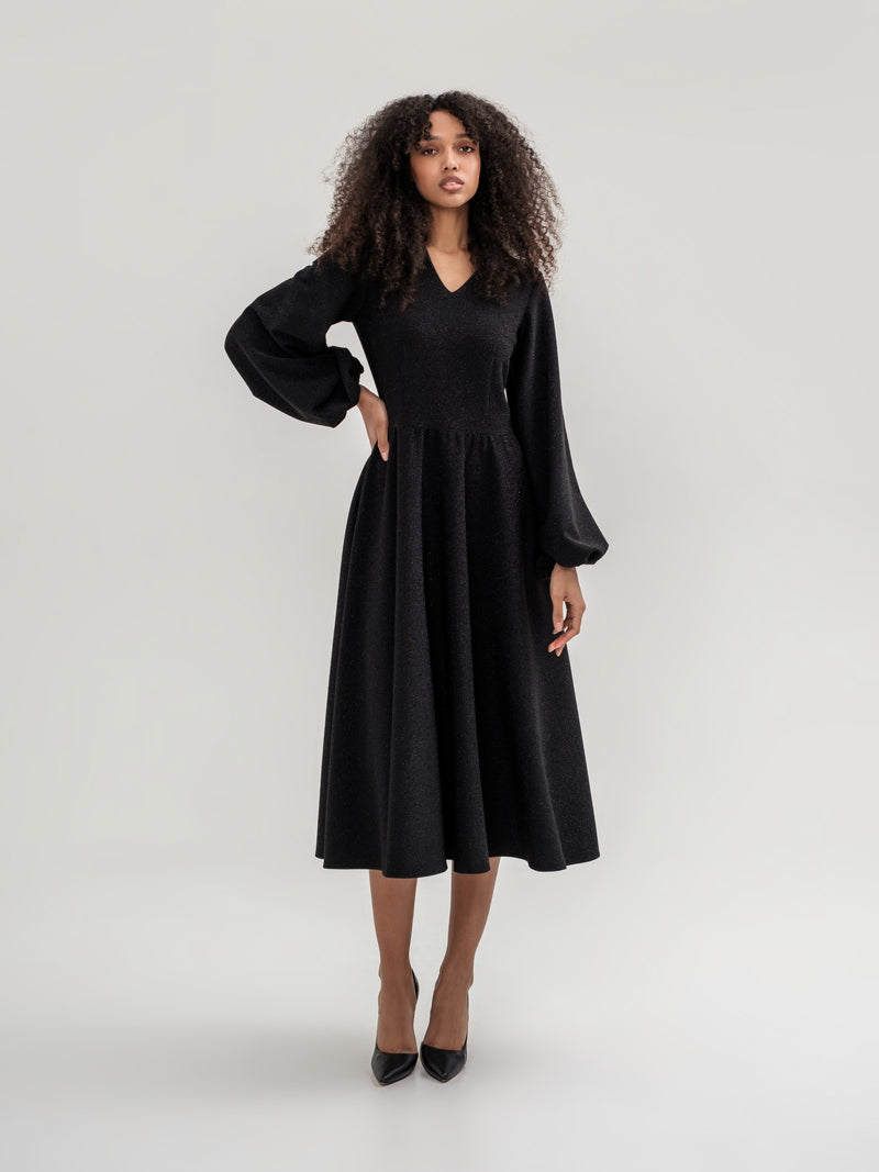 Black shiny thread midi dress with voluminous sleeves and a V-neck