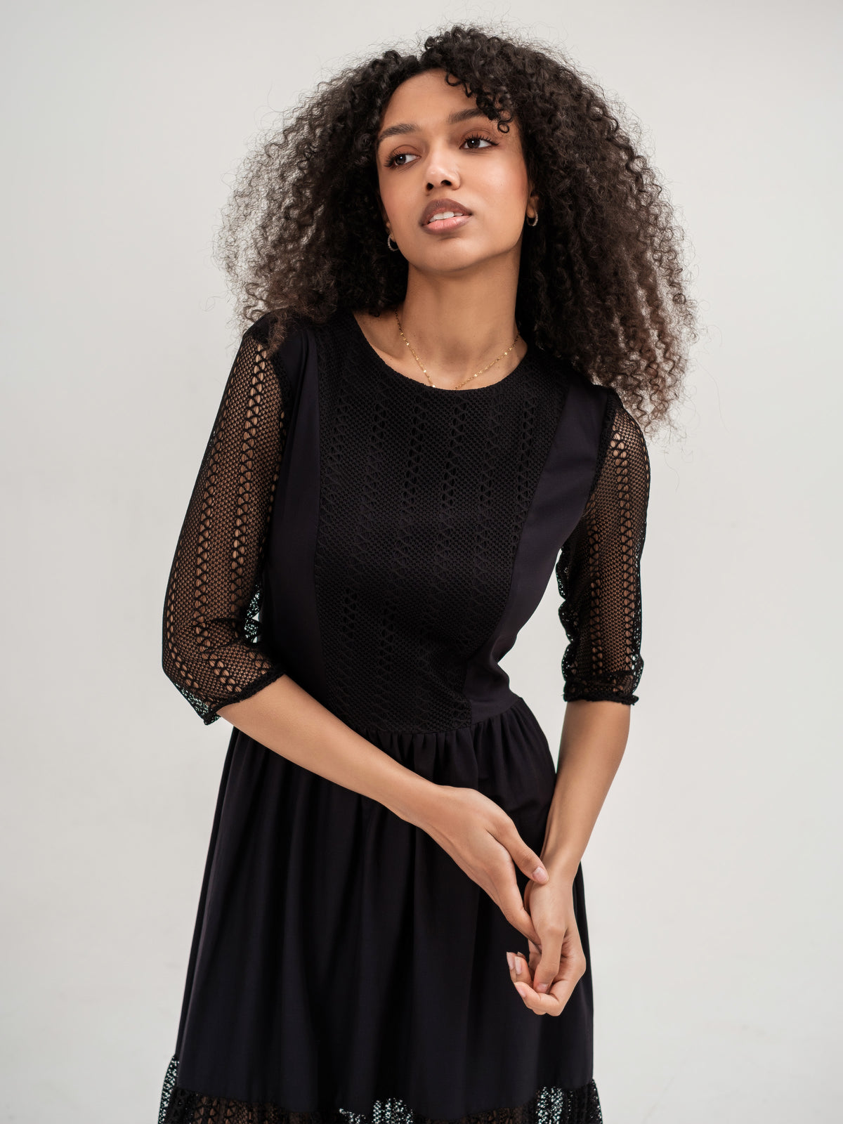 Black midi dress with lace accents 3/4 sleeve fitted top