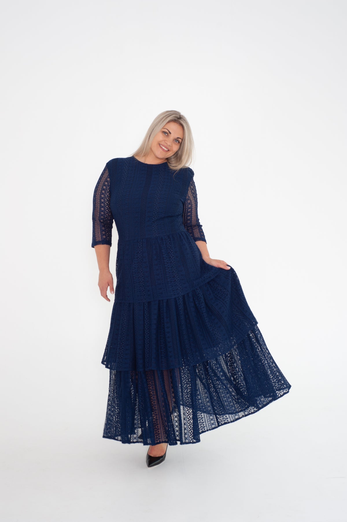 Deep blue midi lace dress with ruffles
