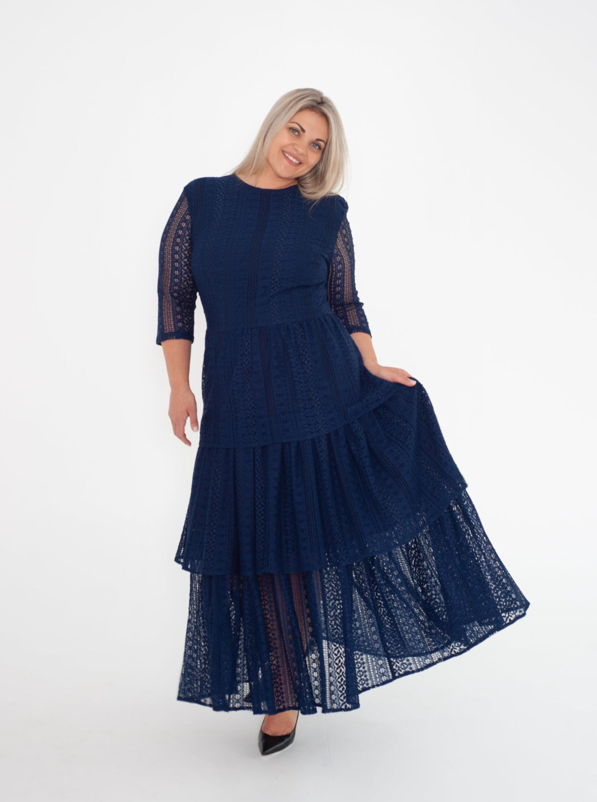 Deep blue midi lace dress with ruffles