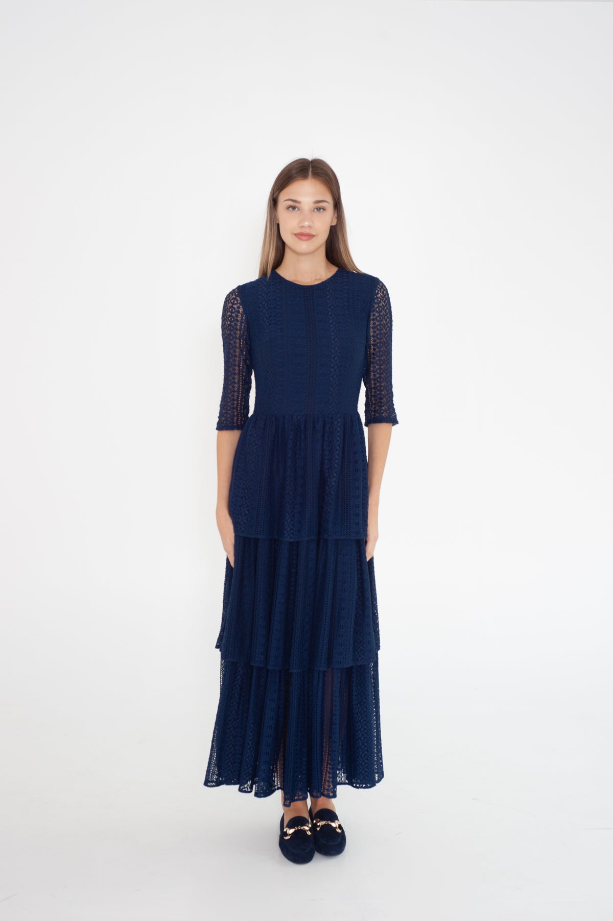 Deep blue midi lace dress with ruffles