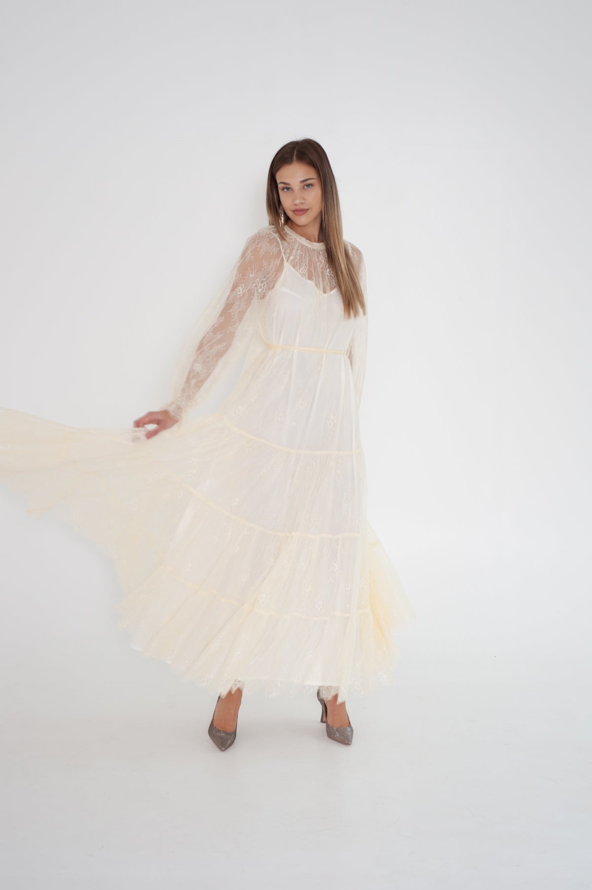 Cream white maxi lace dress