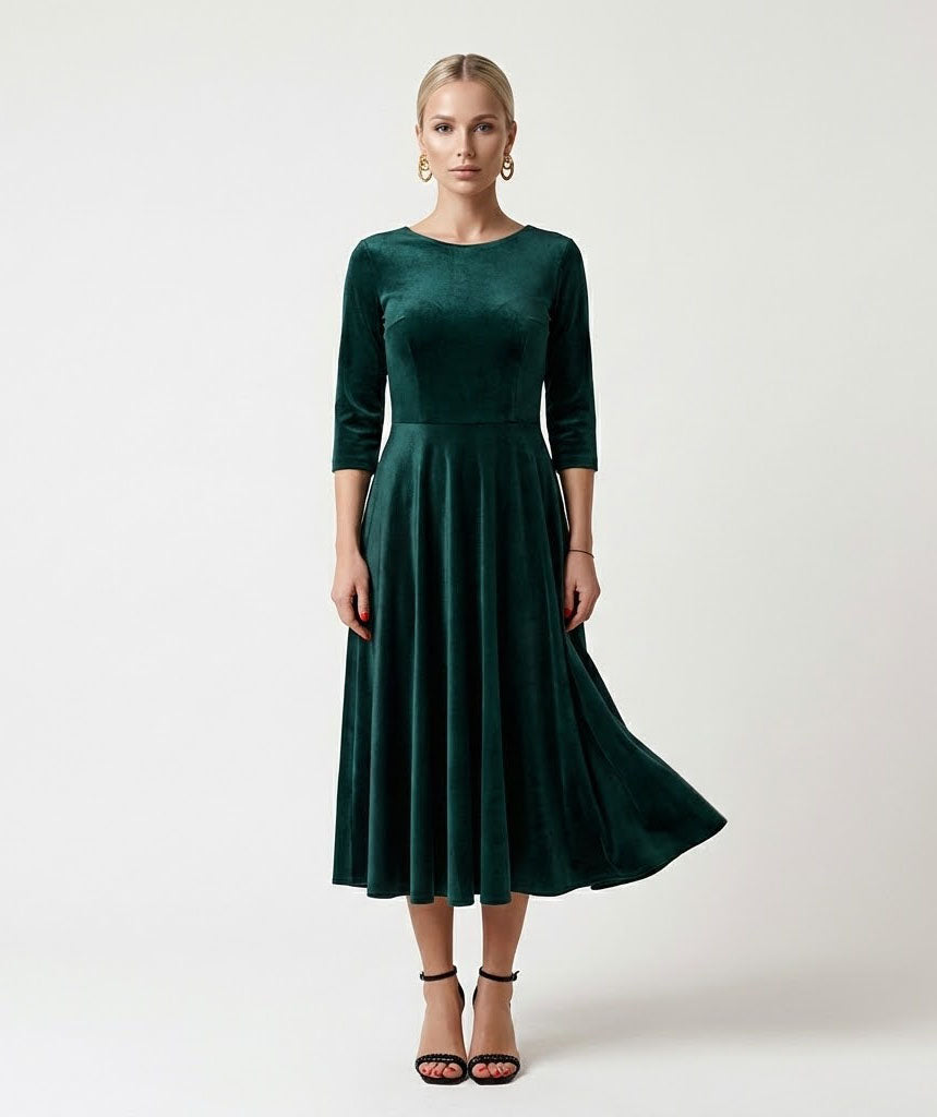 Green Velvet Midi Dress with Fitted Top