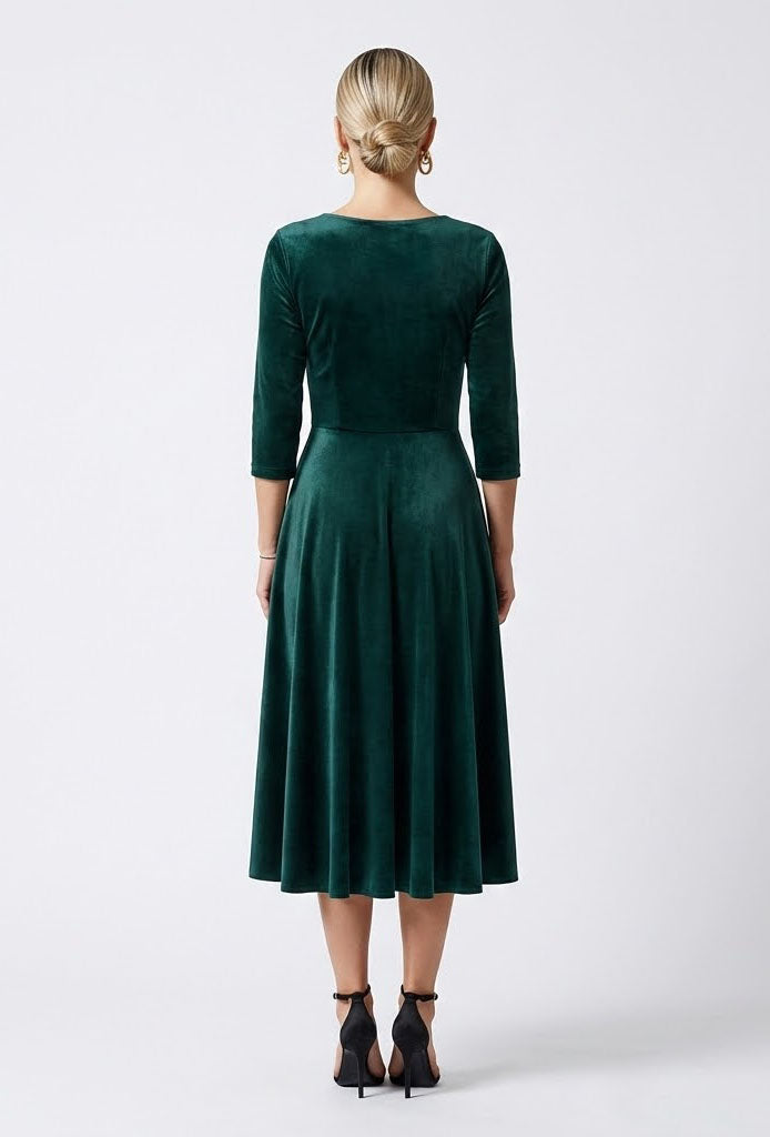 Green Velvet Midi Dress with Fitted Top