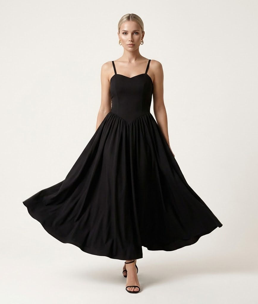 Black Midi Dress with Corset-Style Top and Full Skirt