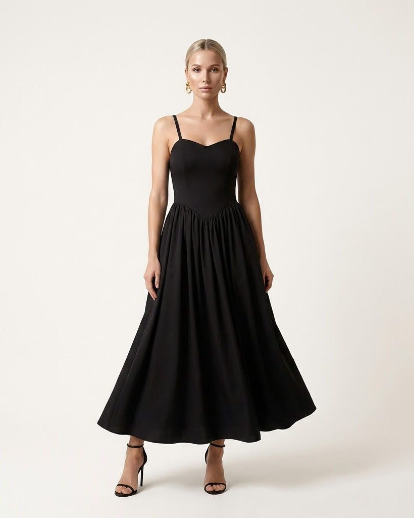 Black Midi Dress with Corset-Style Top and Full Skirt