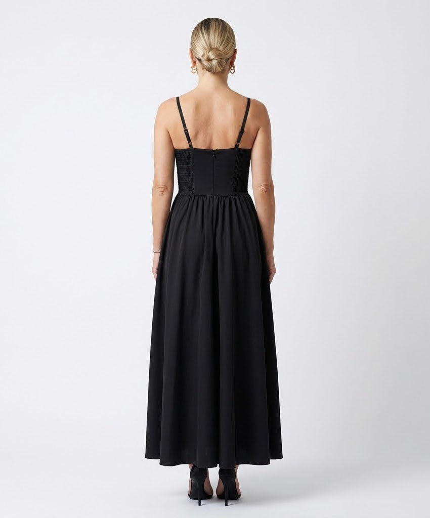 Black Midi Dress with Corset-Style Top and Full Skirt