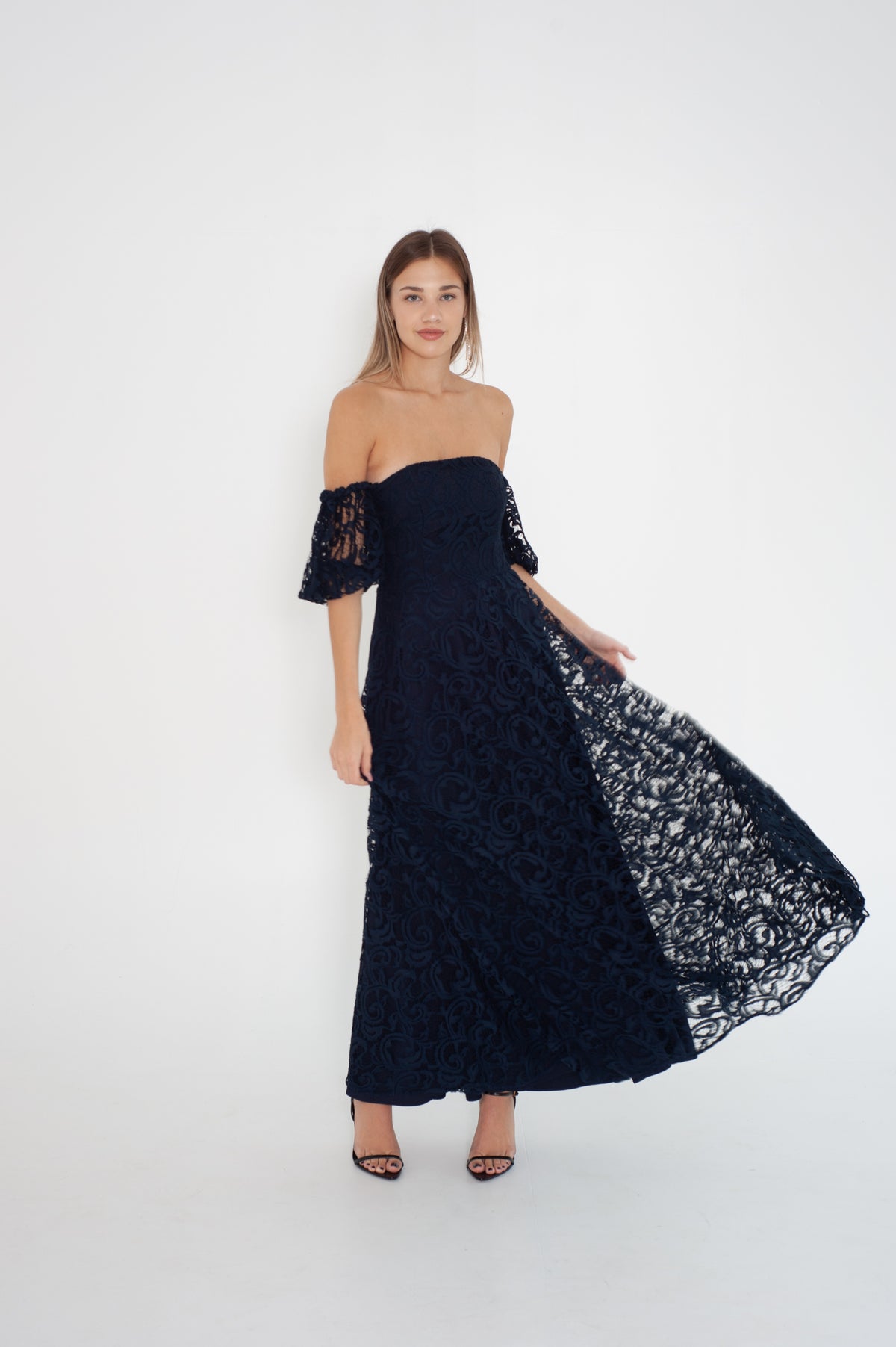 Dark blue lace dress with Off-the-shoulder sleeves