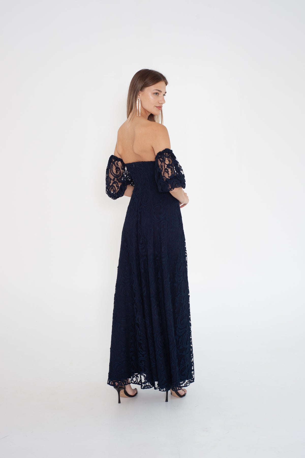 Dark blue lace dress with Off-the-shoulder sleeves
