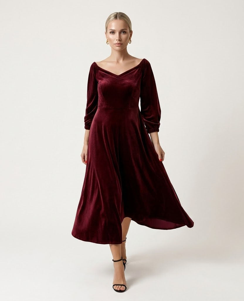 Dark Red Velvet Midi Dress