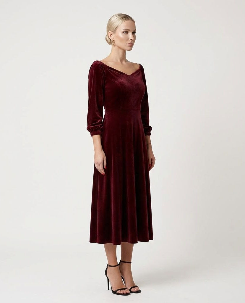 Dark Red Velvet Midi Dress