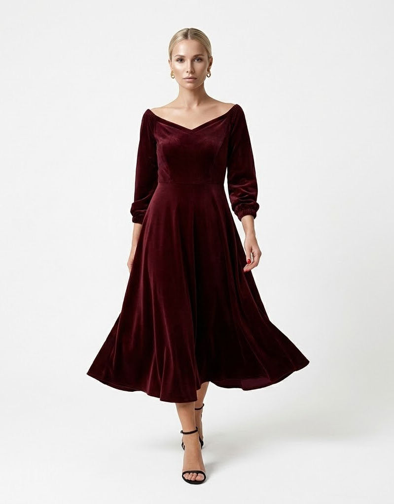 Dark Red Velvet Midi Dress