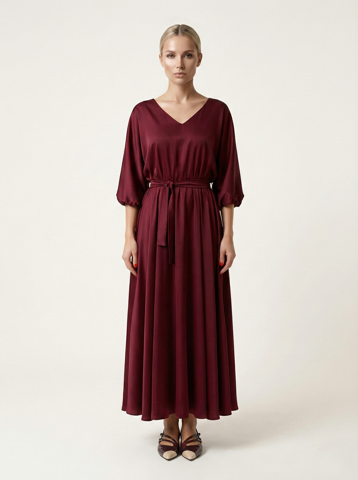 Dark red Dress with Elastic Waist and Tie Belt