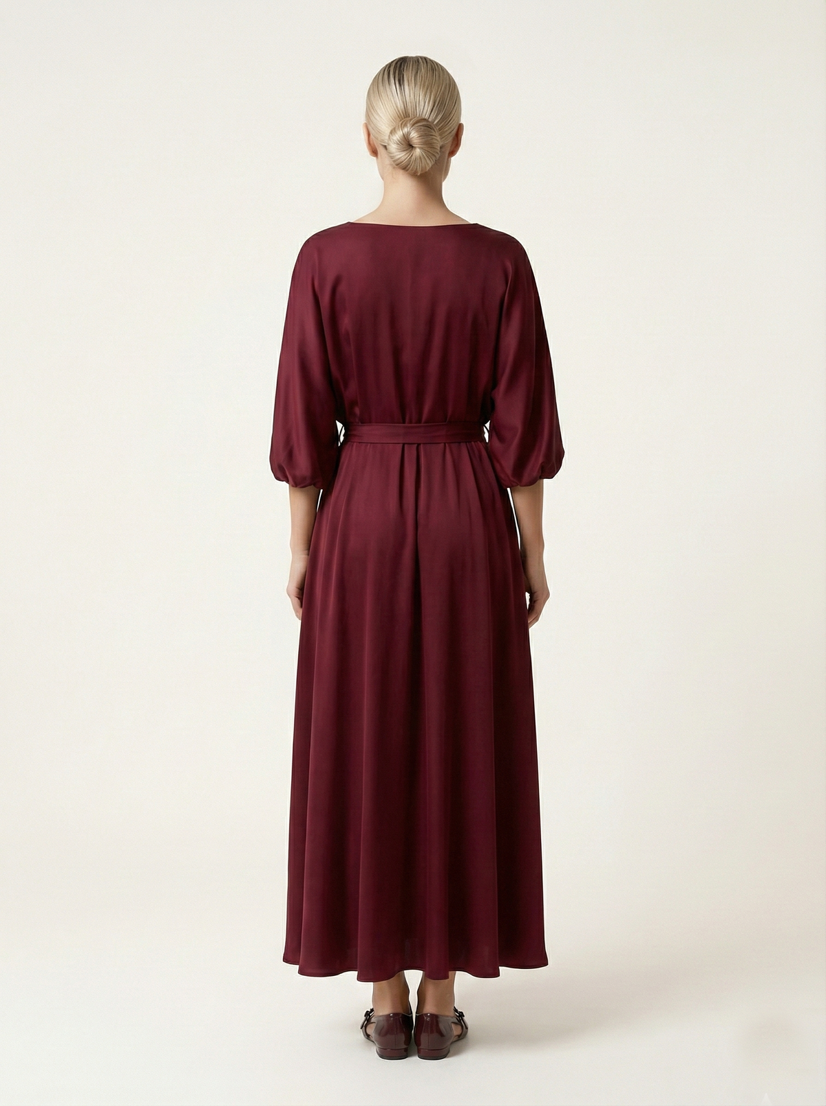 Dark red Dress with Elastic Waist and Tie Belt