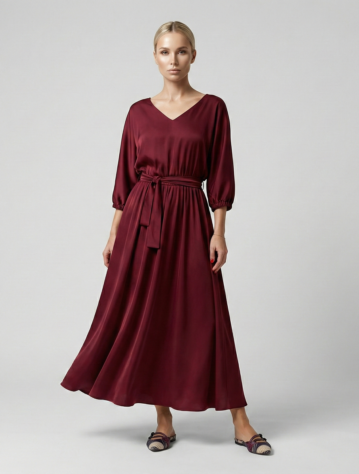 Dark red Dress with Elastic Waist and Tie Belt