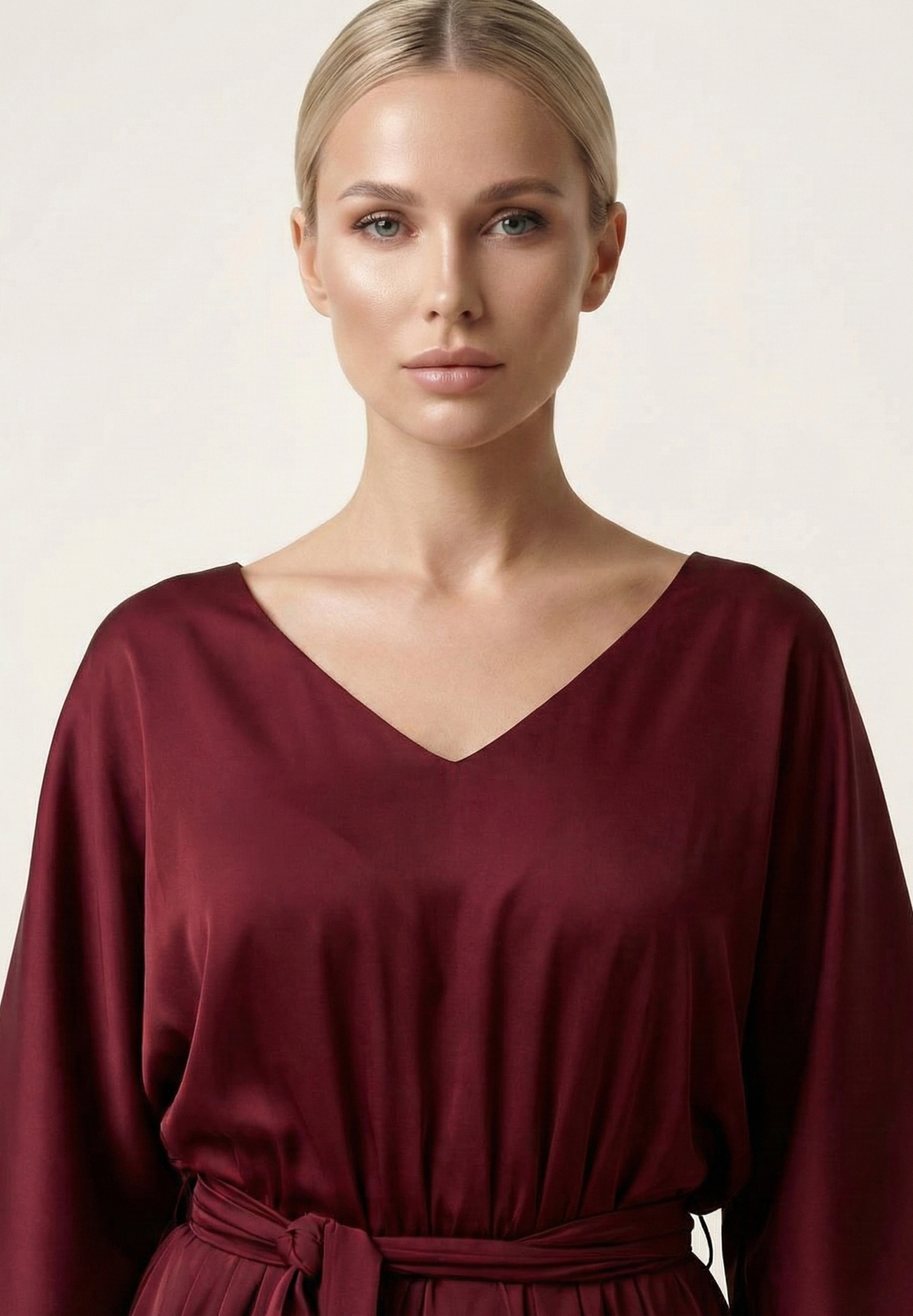 Dark red Dress with Elastic Waist and Tie Belt