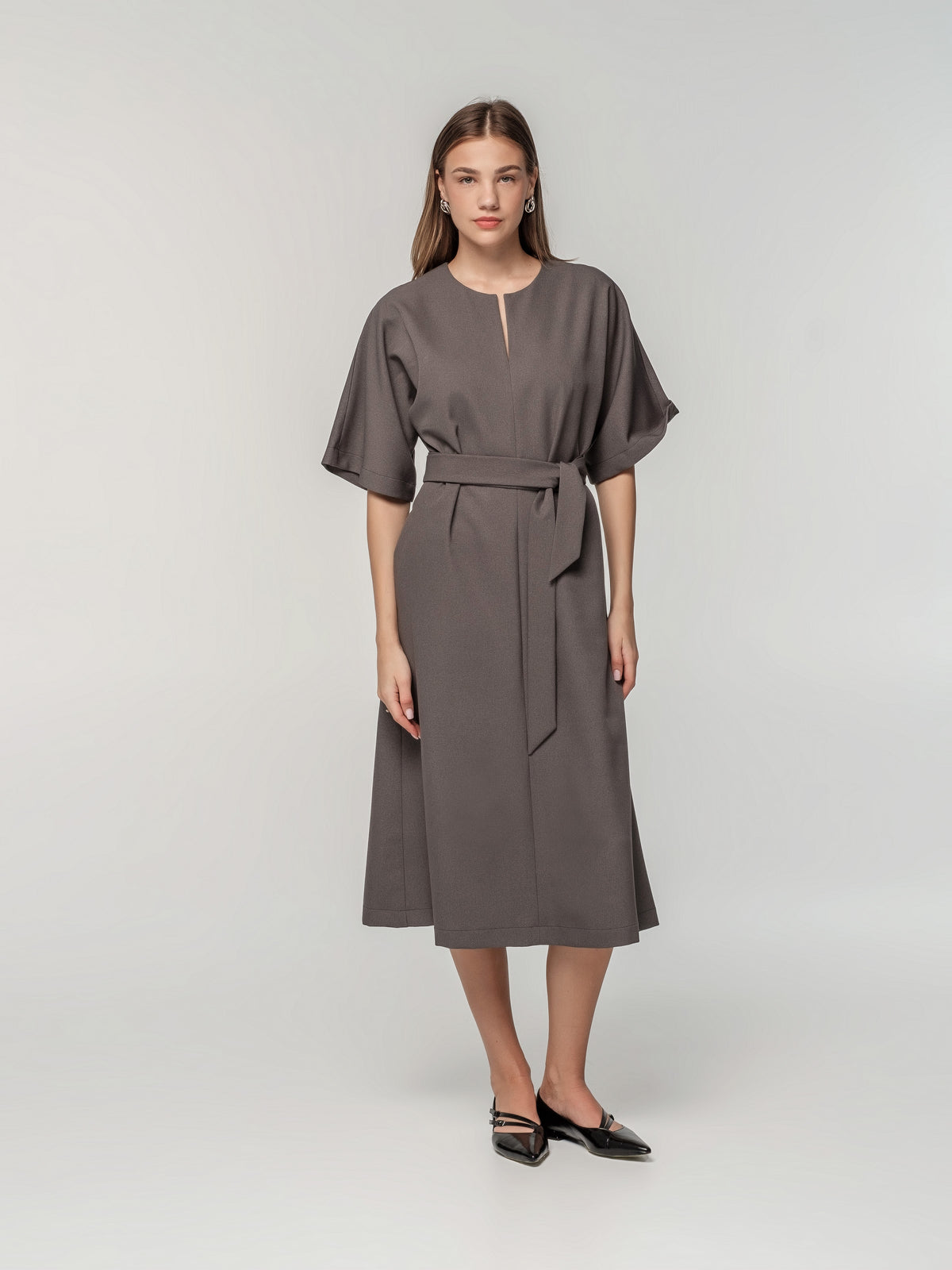 Gray A-Line Dress with Half long Sleeves and Tie Belt