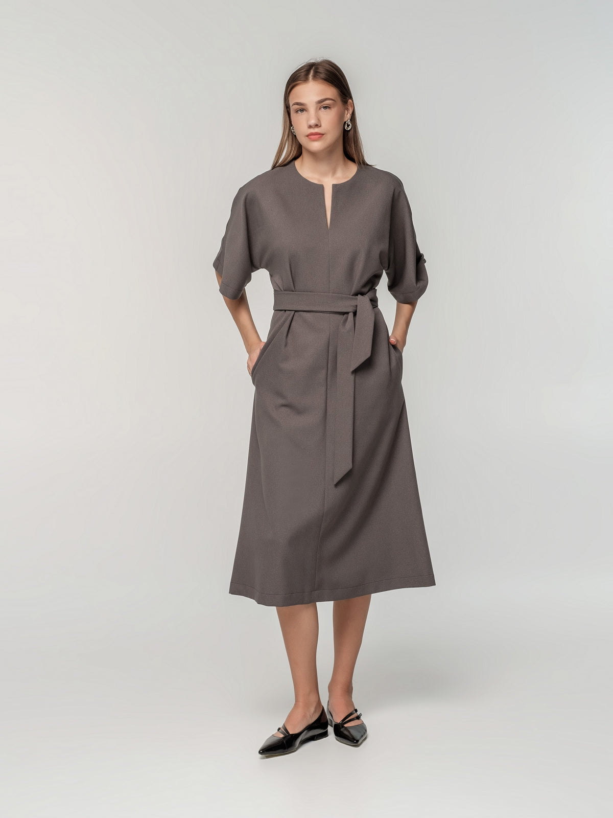 Gray A-Line Dress with Half long Sleeves and Tie Belt