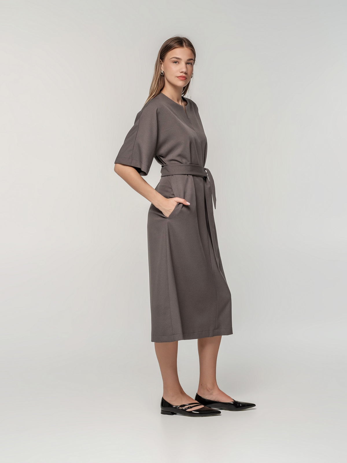 Gray A-Line Dress with Half long Sleeves and Tie Belt