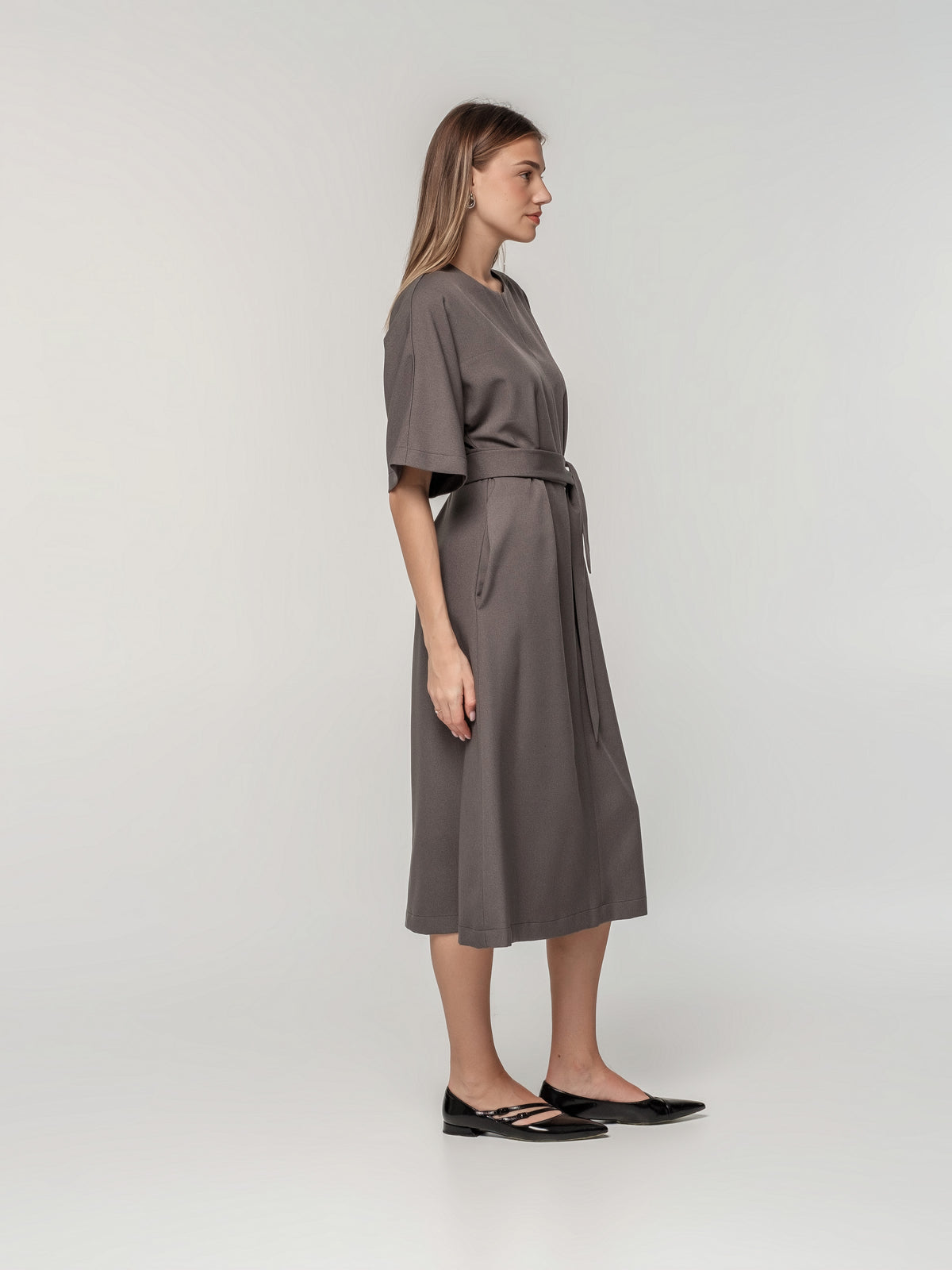 Gray A-Line Dress with Half long Sleeves and Tie Belt