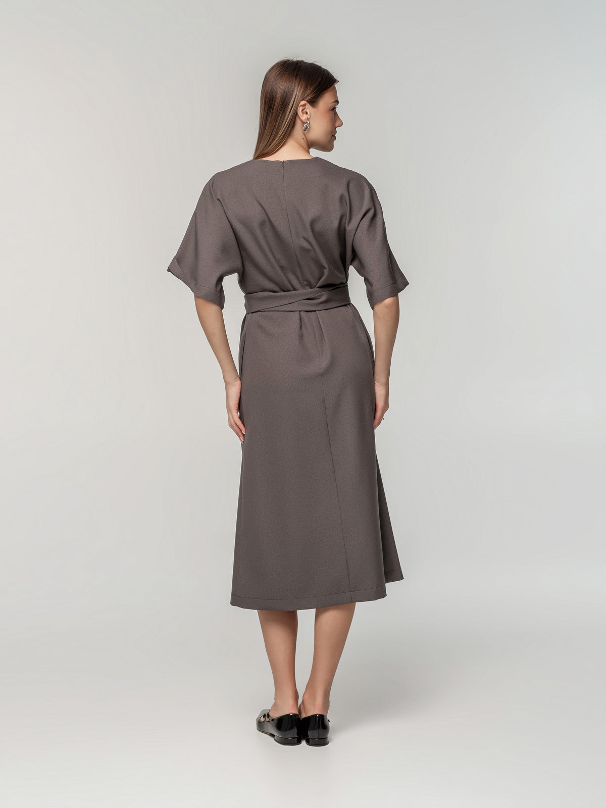 Gray A-Line Dress with Half long Sleeves and Tie Belt