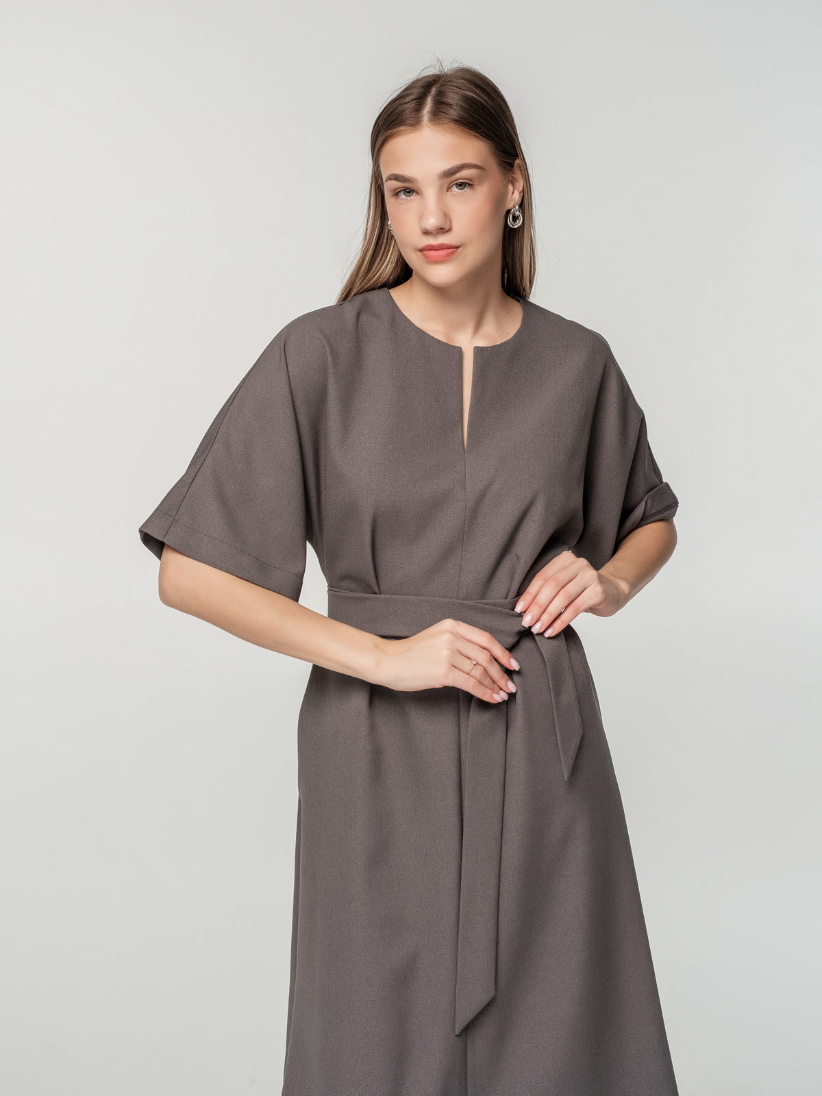 Gray A-Line Dress with Half long Sleeves and Tie Belt