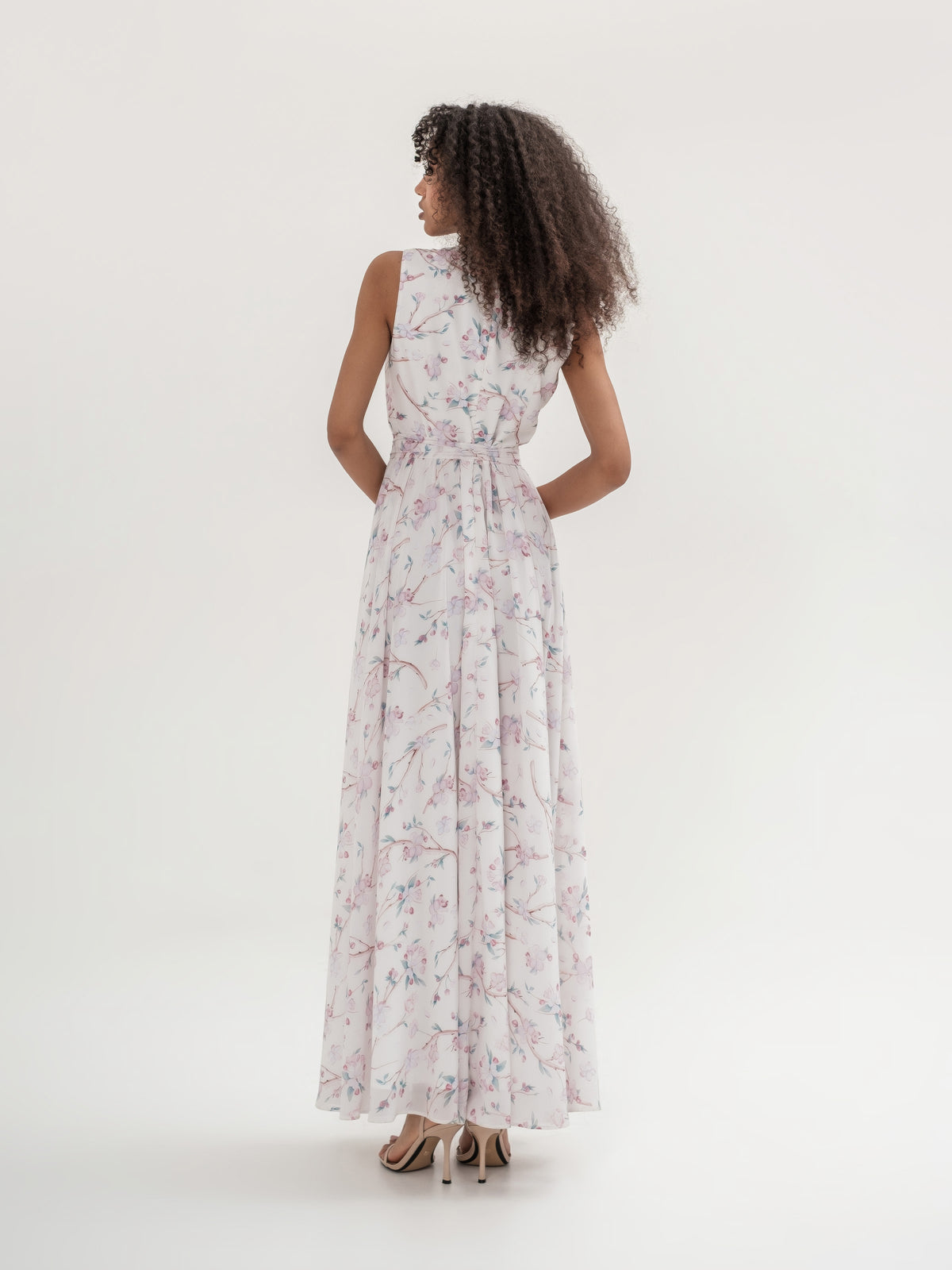 Light apple blossoms print dress V neckline with lining back side