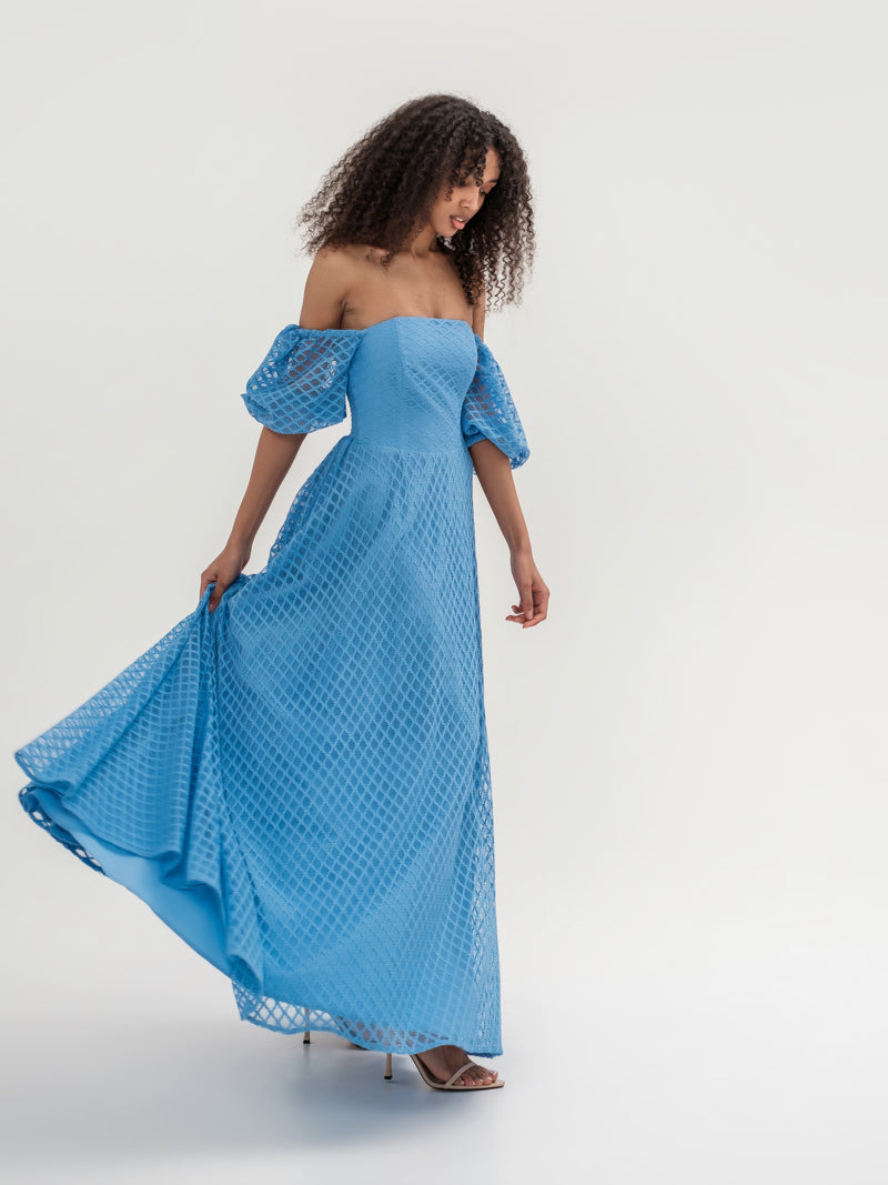 Long checkered lace dress with corset and mini off-shoulder sleeves light blue