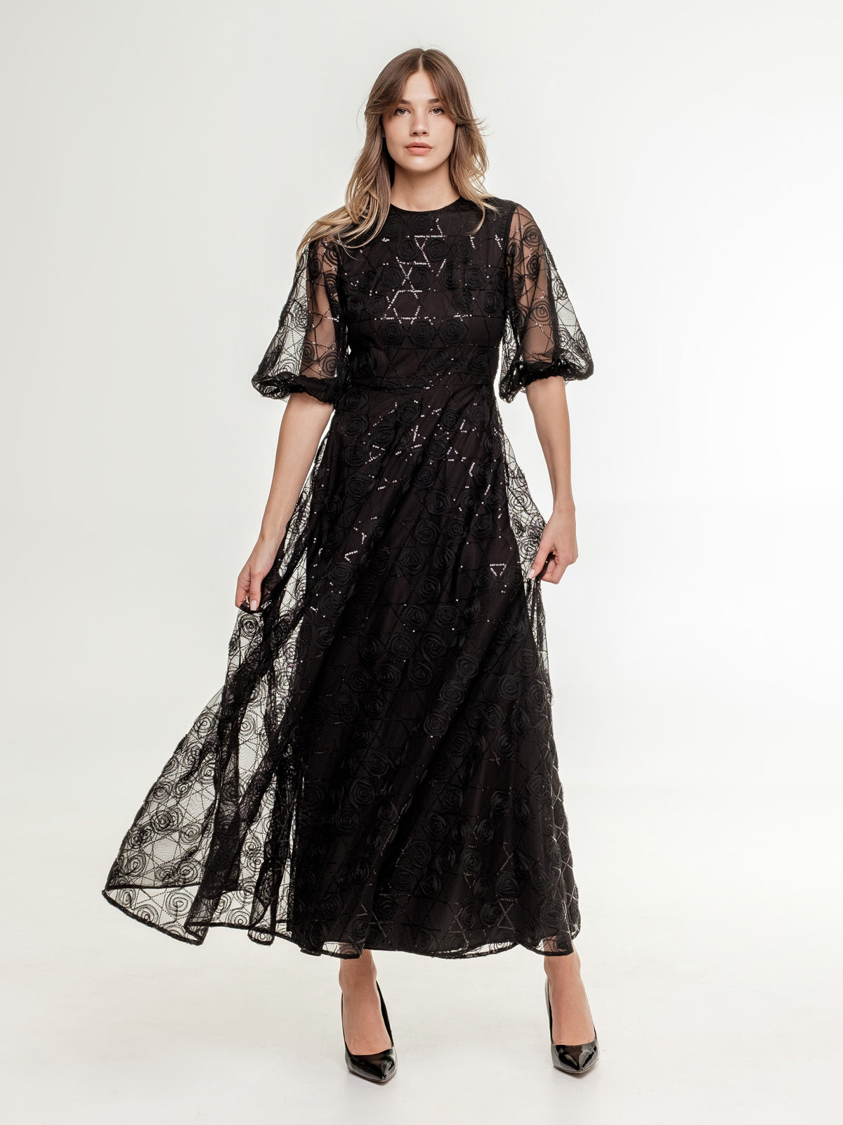 Luxurious_black_lace_dress_with_sequins_wide_skirt transparent medium long sleeves