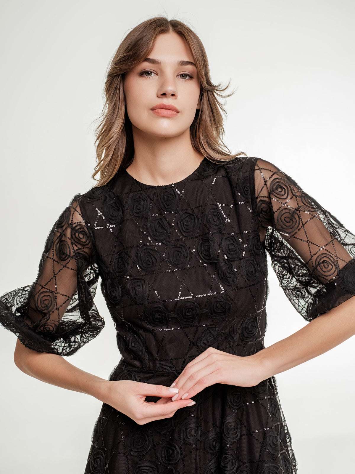 Luxurious_black_lace_dress_with_sequins_wide_skirt_transparent_medium_long_sleeves