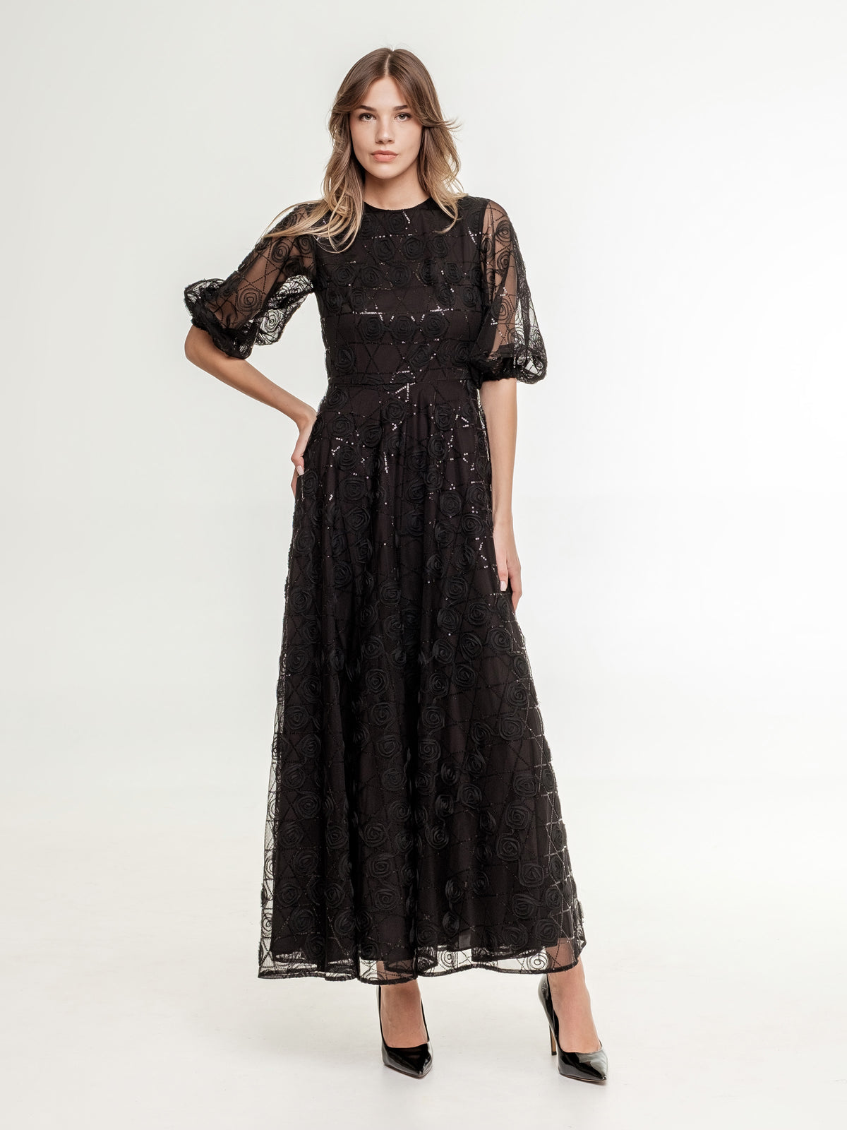Luxurious_black_lace_dress_with_sequins_wide_skirt_transparent_medium_long_sleeves
