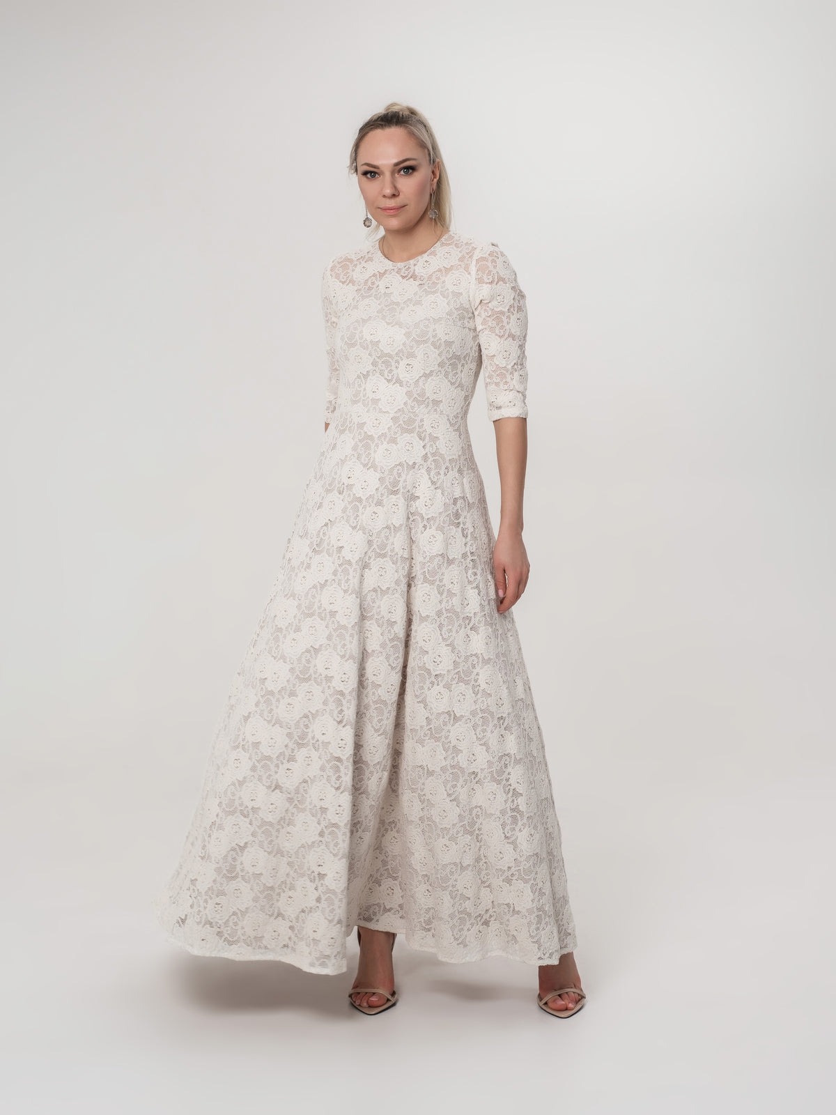 Long milky White Lace Dress