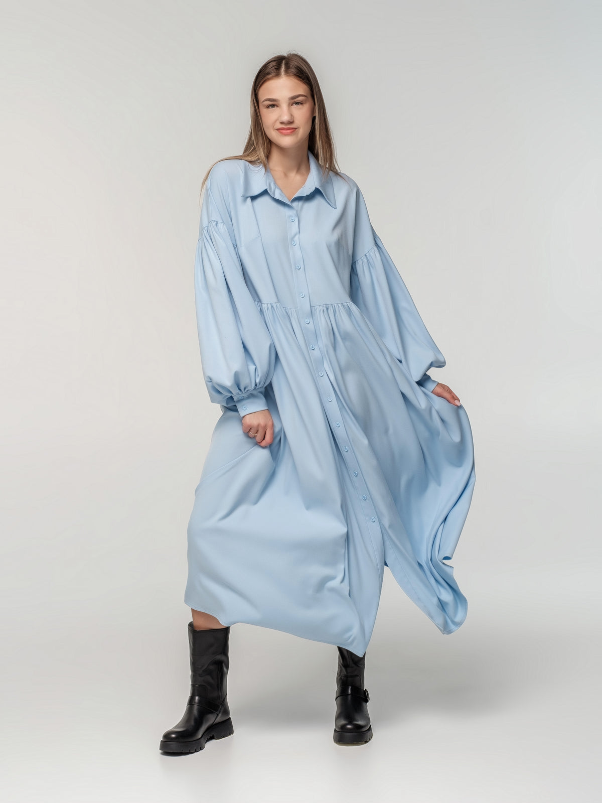 Baby blue Shirt-Dress with long sleeves