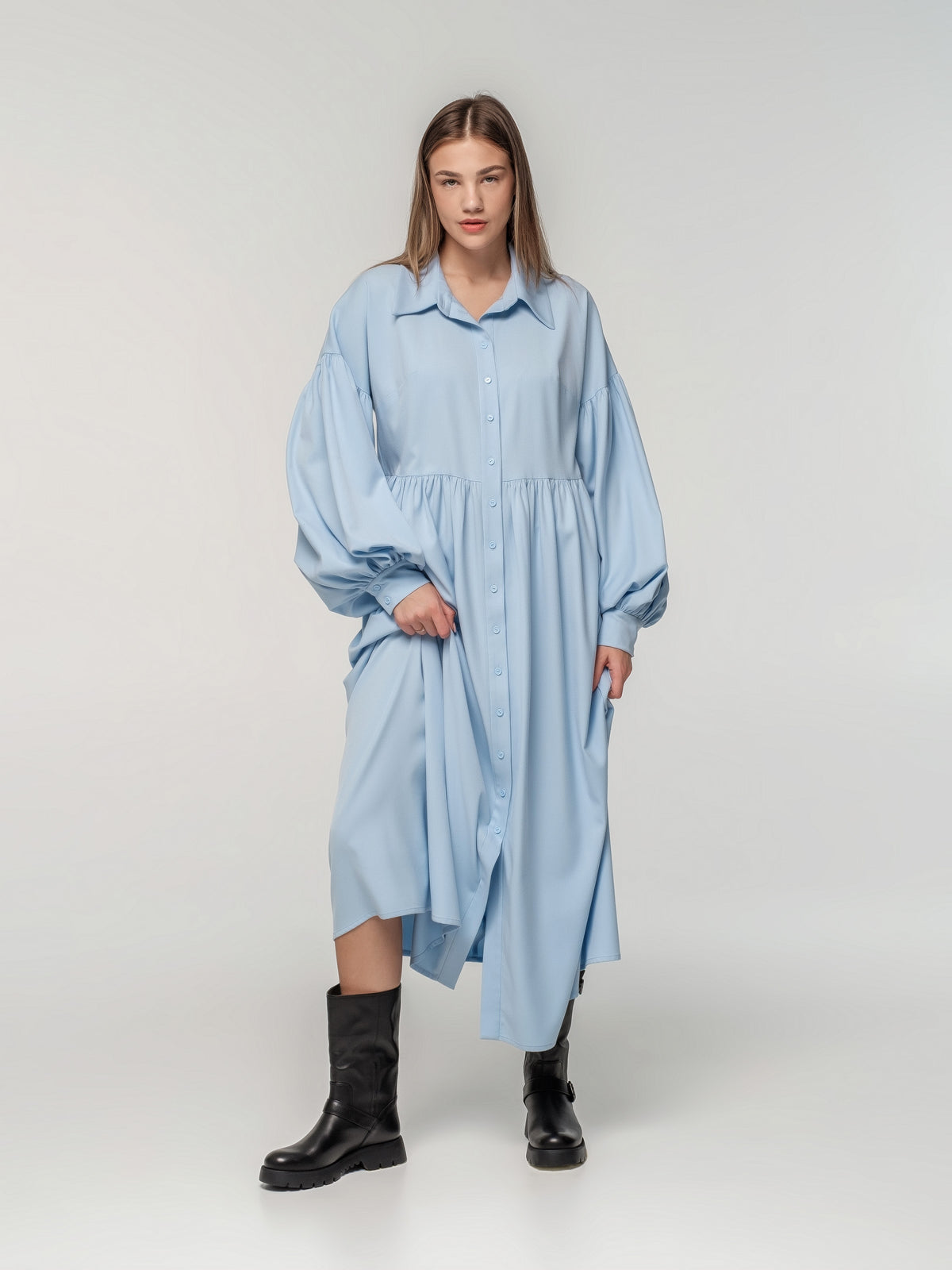 Baby blue Shirt-Dress with long sleeves
