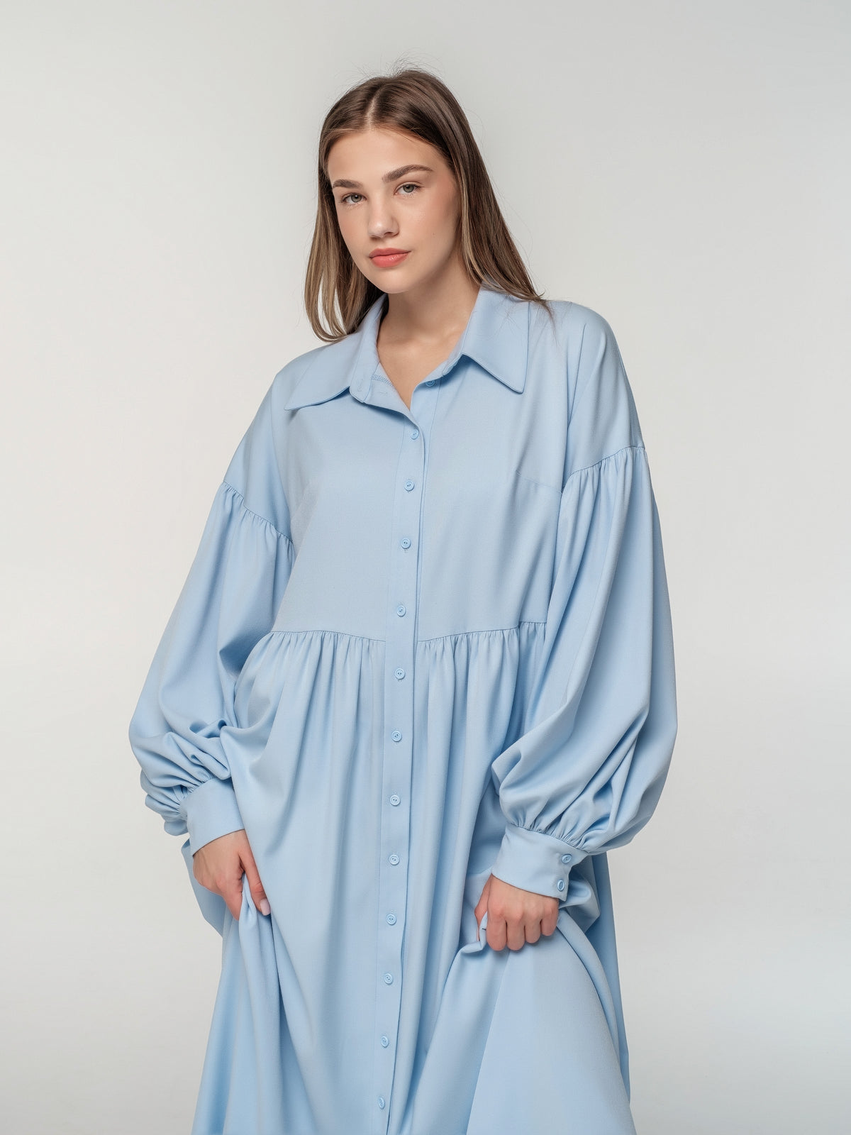 Baby blue Shirt-Dress with long sleeves