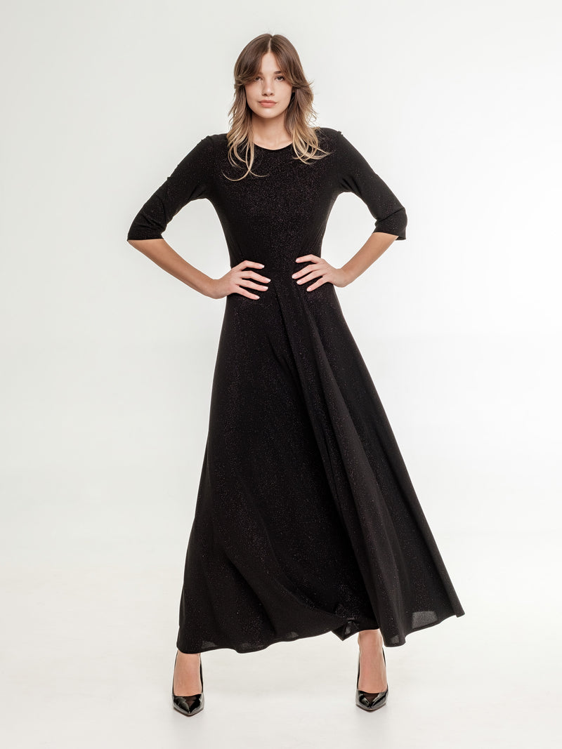 black glittery long dress medium long sleeves wide skirt with underlining on the model