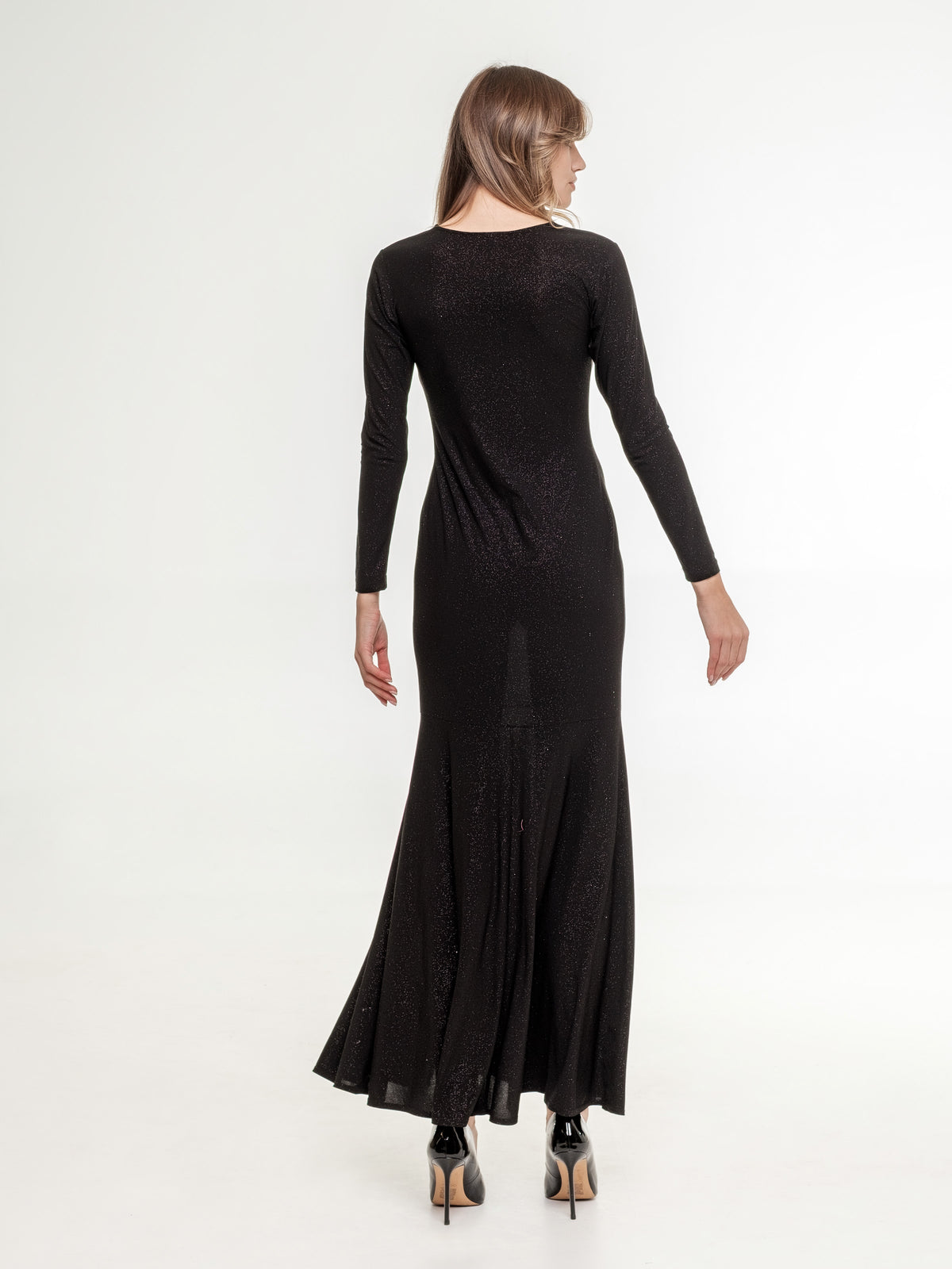black glittery long dress with back zipper wide skirt with underlining and long sleeves