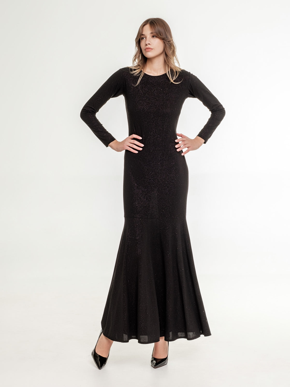 Long black shiny dress with long sleeves