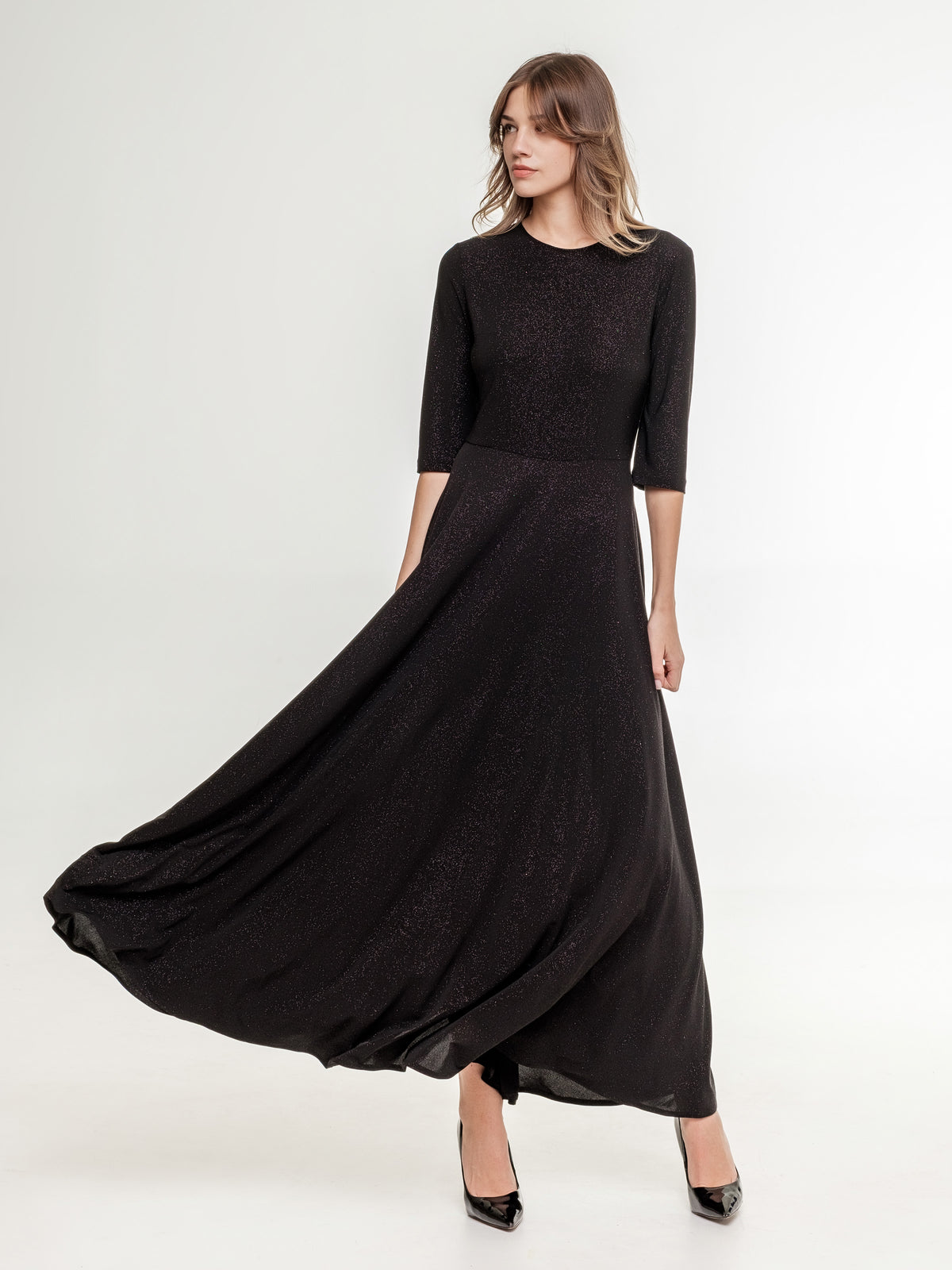 black glossy long dress medium long sleeves wide skirt with underlining 