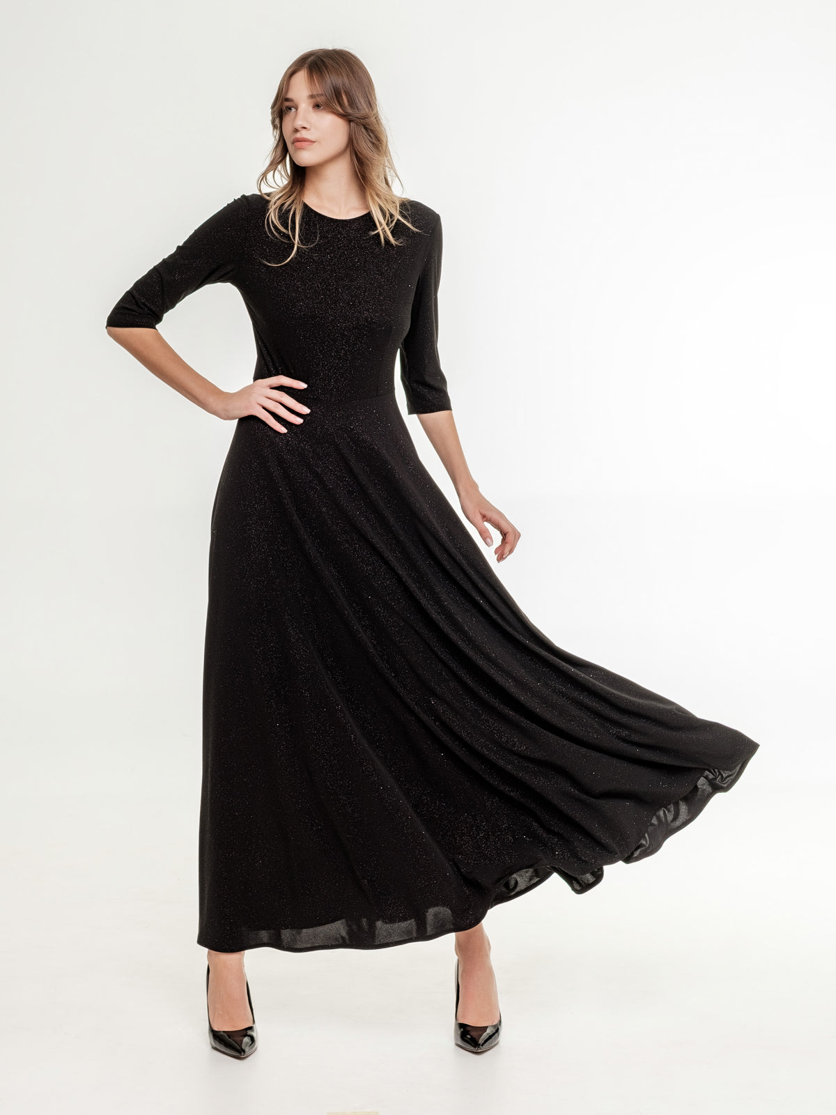 black glossy long dress medium long sleeves wide skirt with underlining 