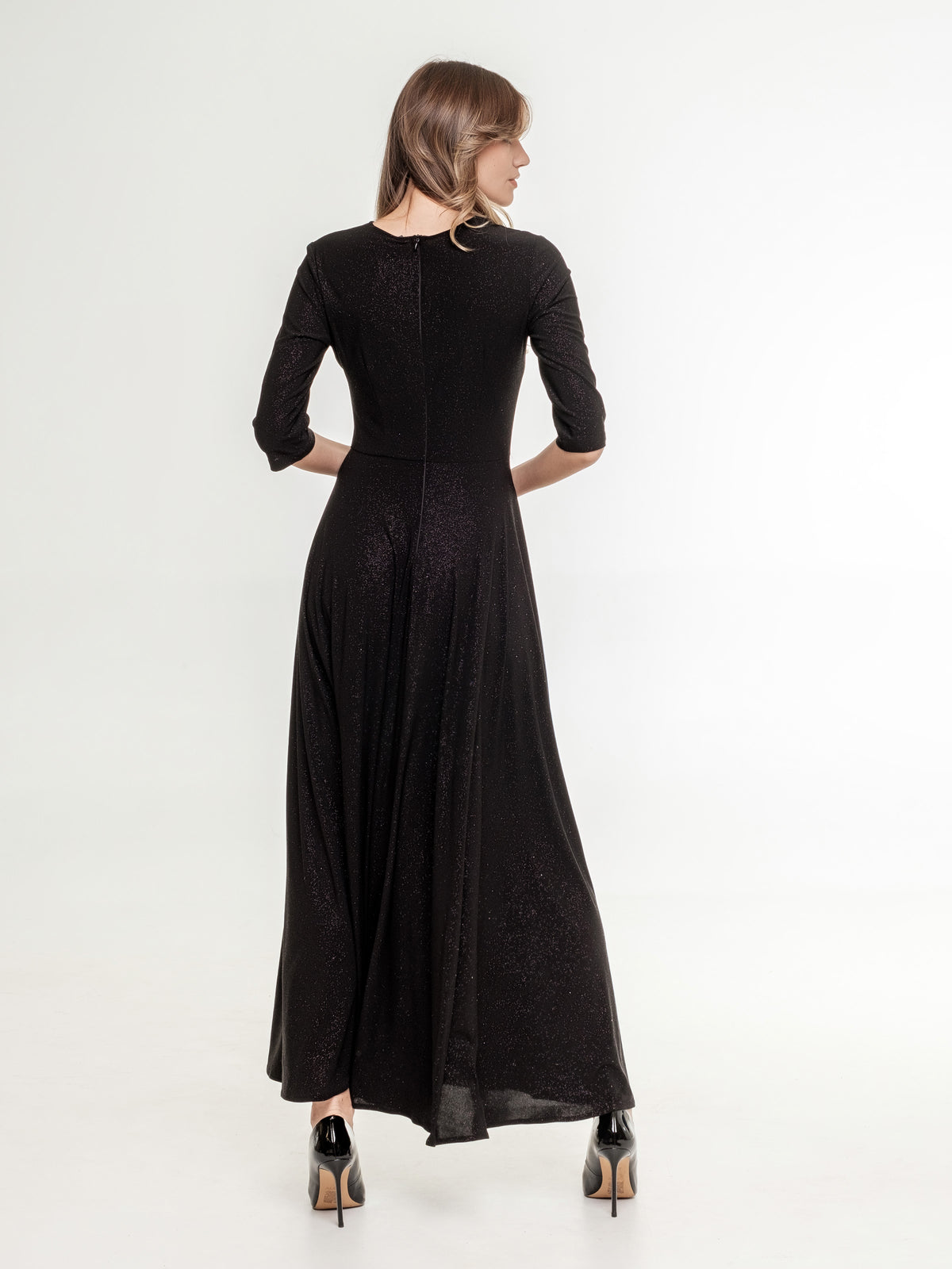 black glossy long dress medium long sleeves wide skirt with underlining back zipper