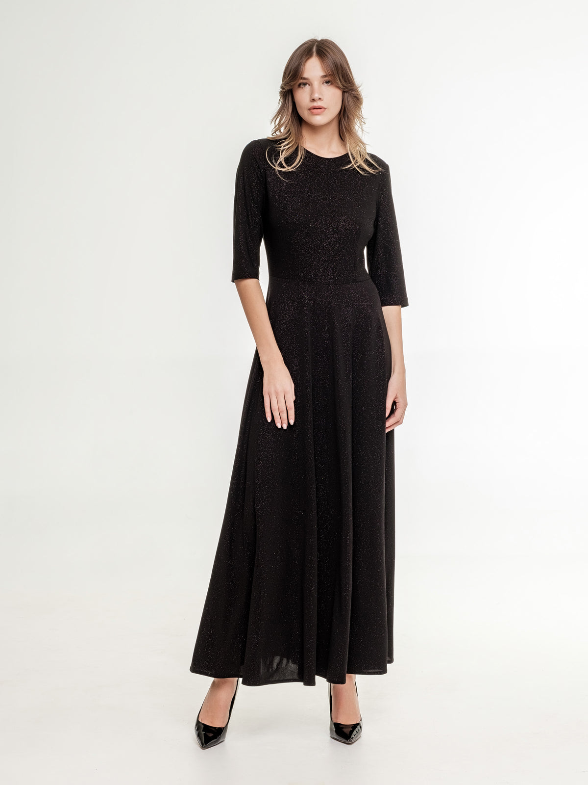 black glossy long dress medium long sleeves wide skirt with underlining 