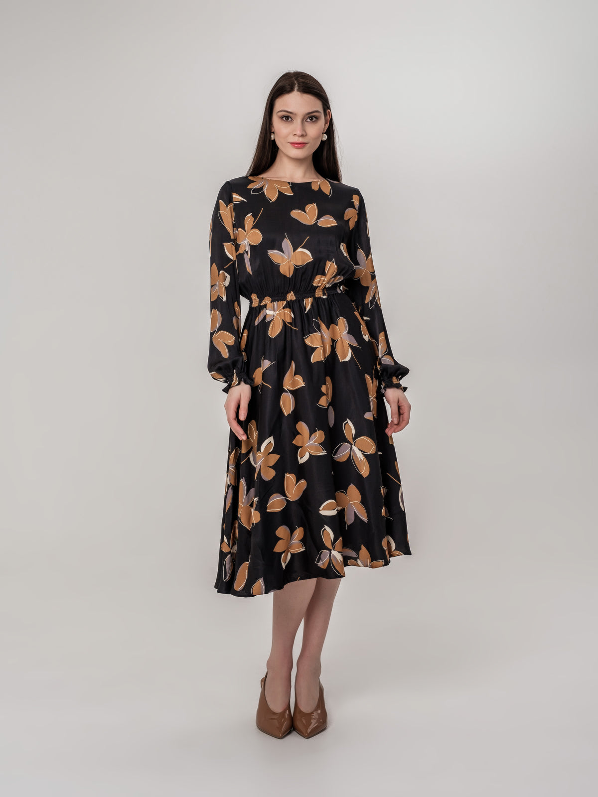 Black Midi Dress with Brown Flowers vintage